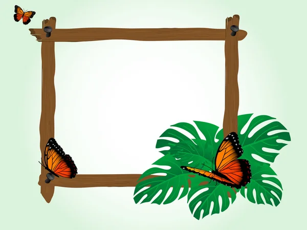 Marco de madera con mariposas — Vector de stock