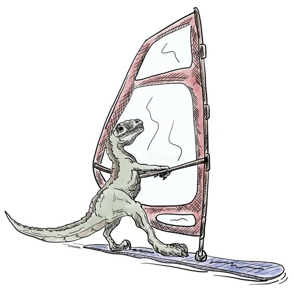 Deporte Windsurf Dinosaurio Ilustración Aislado Fondo Blanco — Foto de Stock