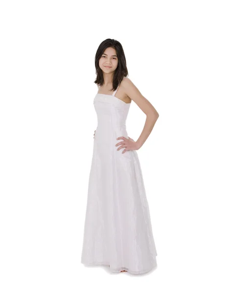 Young teenage girl in white dress gown isolated — Stock Photo, Image