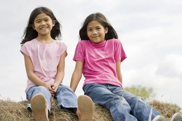 Twee jonge meisjes zitten op de top van haybale — Stockfoto