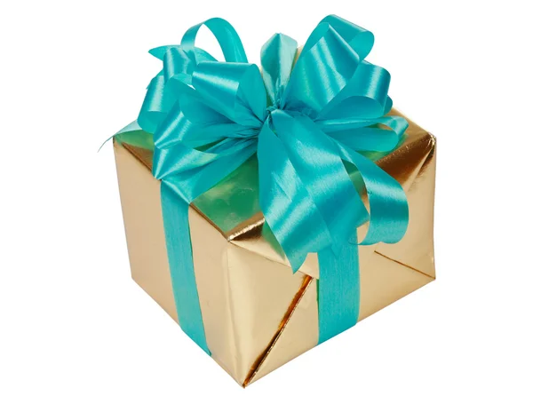Gold present with blue ribbons — Stock Photo, Image
