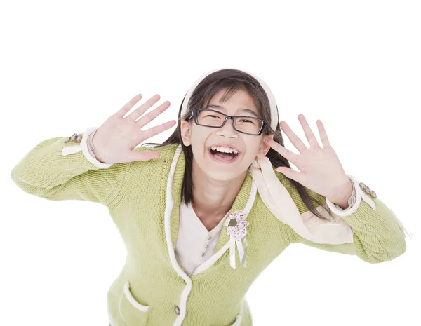 Giovane ragazza in maglione verde e occhiali mani intorno al viso, smili — Foto Stock