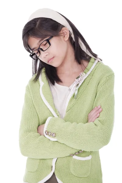 Girl in green sweater sleeping while standing — Stock Photo, Image