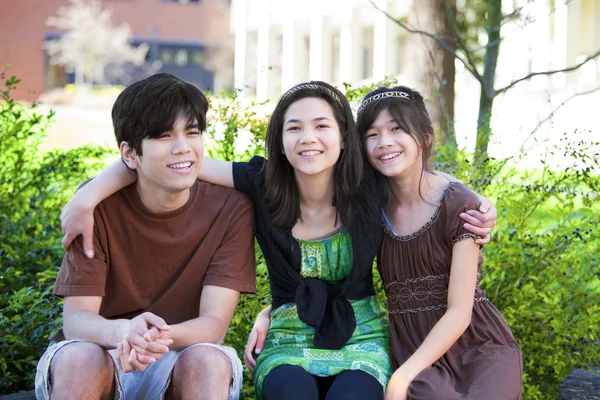 Drie broer en zusters buiten zitten op log, glimlachend — Stockfoto