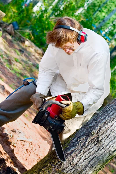 Homem caucasiano cortando uma árvore com uma motosserra — Fotografia de Stock