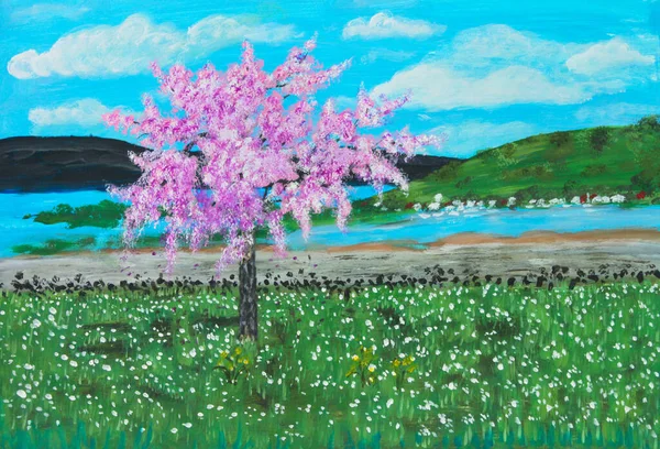Obraz Olejny Płótnie Jednego Różowego Drzewa Kwitnącego Polu Wsi Pokryte — Zdjęcie stockowe