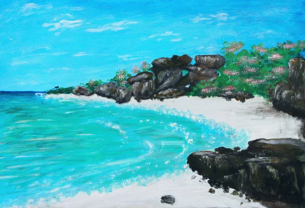 Pintura Óleo Sobre Tela Enseada Tropical Isolada Com Praia Areia — Fotografia de Stock