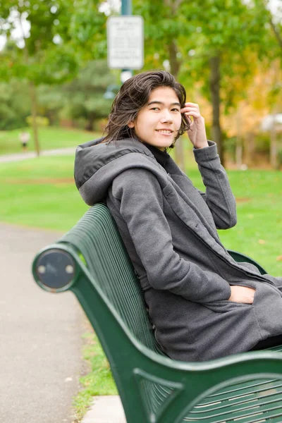 Smiling Biracial Teen Girl Young Adult Female Gray Jacket Sitting — Stock Photo, Image