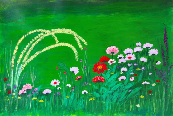 Oljemålning Duk Rad Rosa Och Röda Blommor Frodig Grönt Fält — Stockfoto