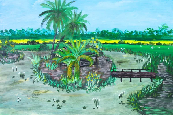田んぼで川の真ん中にある小さな小屋のタイの田舎のキャンバス上の油絵 ストック写真