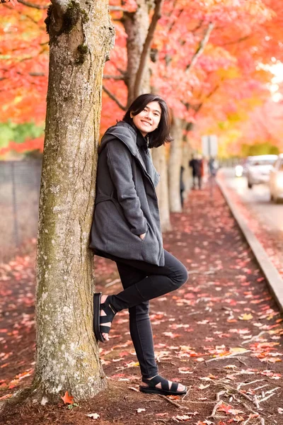 Smiling Teen Girl Gray Jacket Walking Road Enjoying Colorful Autumn — Fotografia de Stock