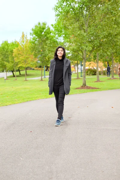 Smiling Teen Girl Gray Jacket Walking Road Enjoying Colorful Autumn — Stock Photo, Image