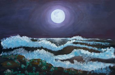 Dolunayın yağlı boyası okyanus dalgalarının üzerine düşüyor geceleri kayalık kıyılara.