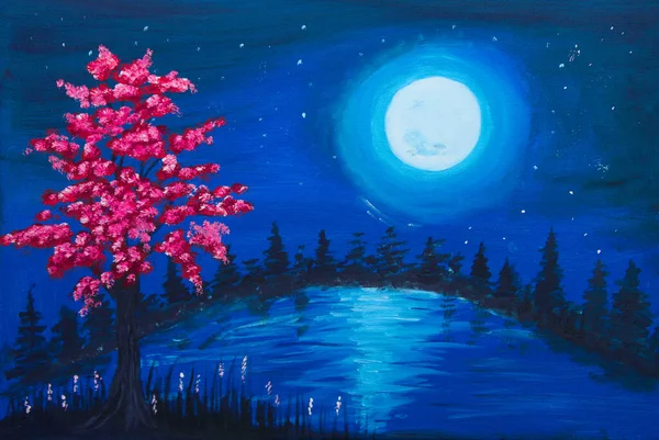Oljemålning Fullmåne Blå Stjärnklar Natt Skiner Kulle Ett Träd Täckt — Stockfoto