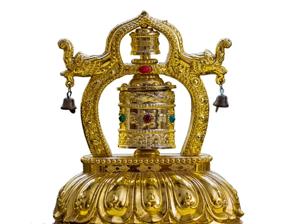 Showpiece, religião budista, roda de oração dourada, isolado em — Fotografia de Stock