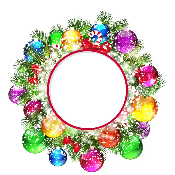 Christmas wreath with snow-covered branches of Christmas tree. — Stock Vector