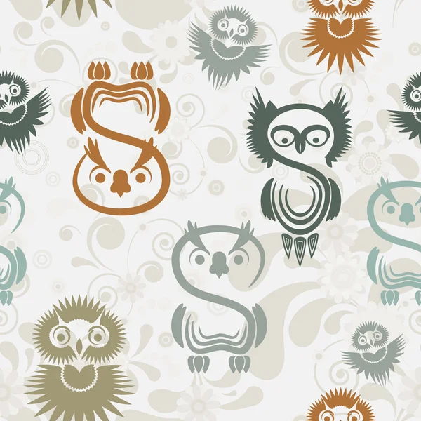 Seamless pattern with various owls on a neutral background. — Stock Vector