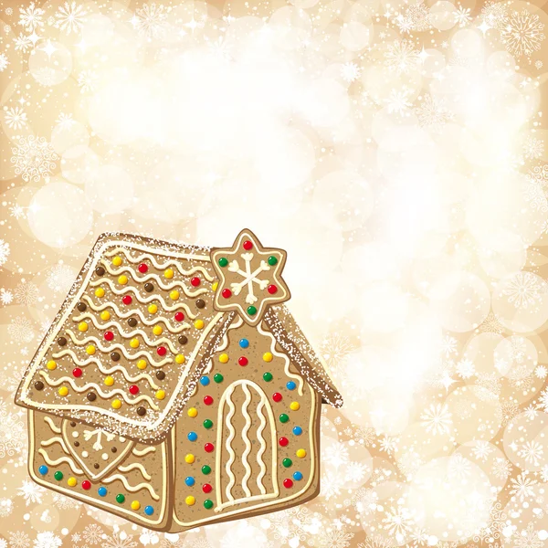 Christmas background with golden lights and gingerbread house. — Stock Vector