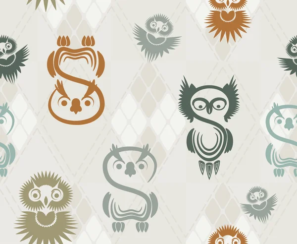 Seamless pattern with various owls on a neutral background. — Stock Vector