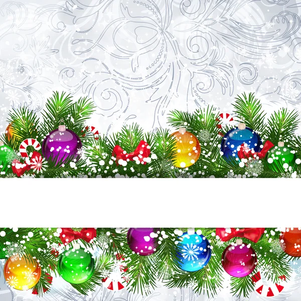 Fundo de Natal com galhos de árvore de Natal decorados —  Vetores de Stock