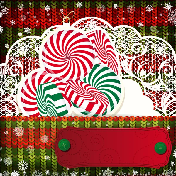 Christmas decorations on handmade knitted background. — Stock Vector
