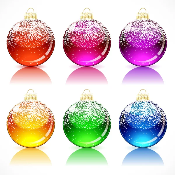 Christmas glass balls with a golden cap and loop, powdered snow. — Stock Vector