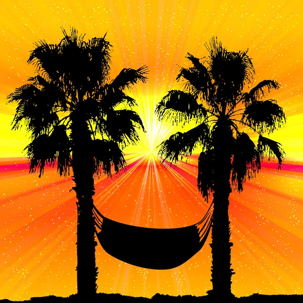 Palmer och solnedgång på tropiska bakgrunden. — Stock vektor