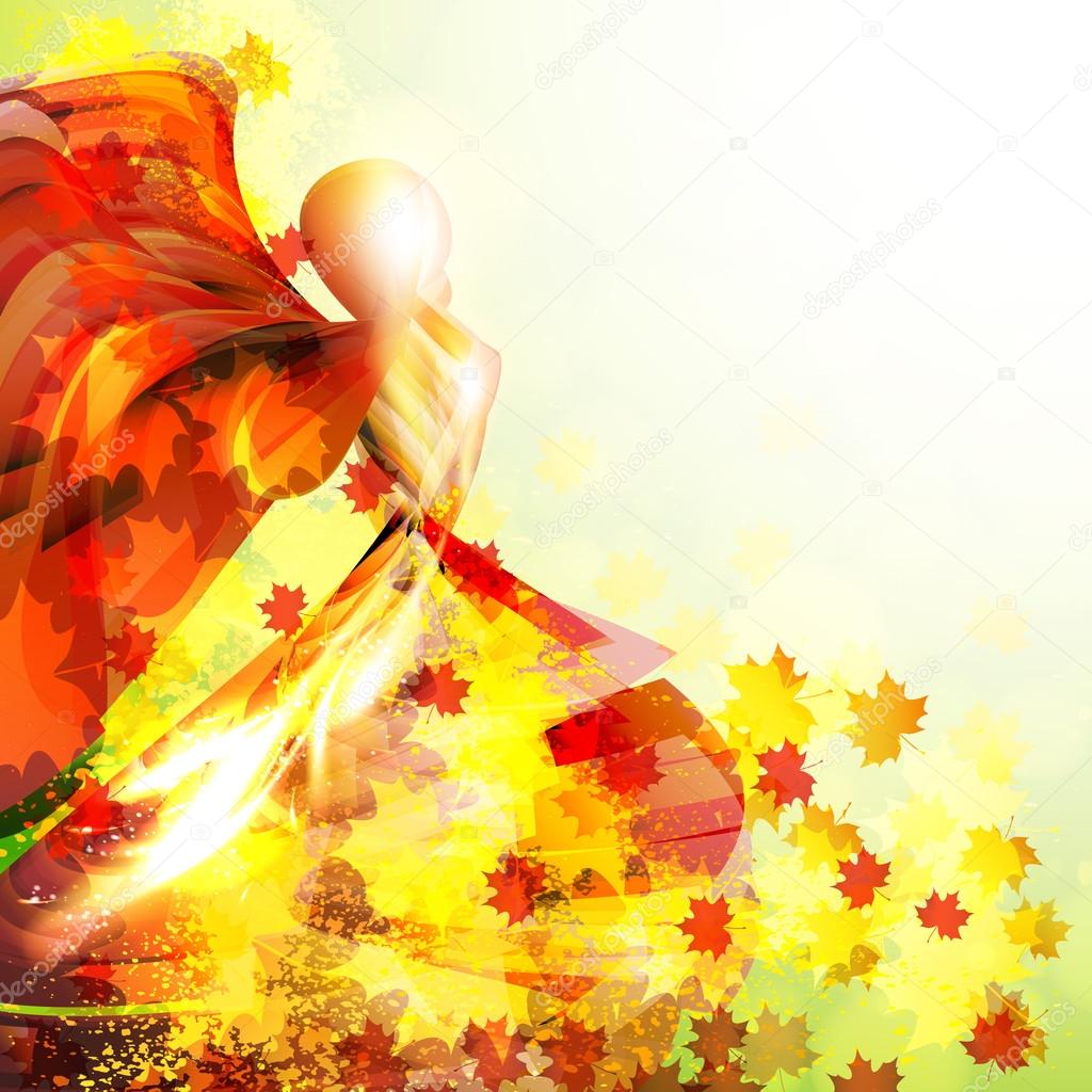 Silhouette of the woman dancing in the autumn leaves. Autumn ve