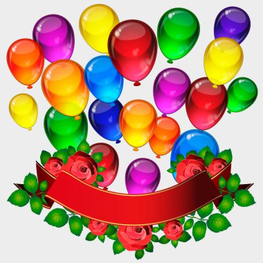 Doğum günü partisi vektör geçmişi - renkli şenlik balonları, gül çiçekleri, kutlama kartı için uçan kurdeleler izole edilmiş beyaz arka planda senin için yer var.