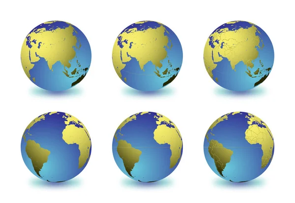 Ensemble Globes Terrestres Axés Sur Asie Rangée Haut Océan Atlantique — Image vectorielle