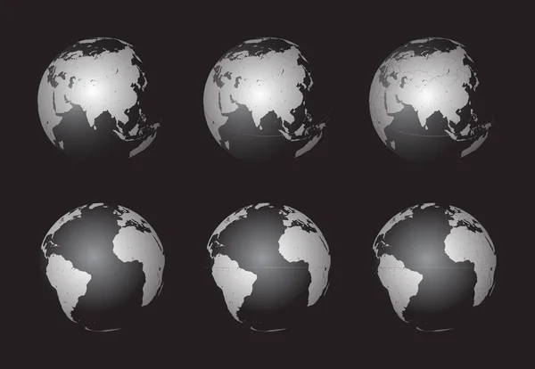 Set Earth Globes Focusing Asia Top Row Atlantic Ocean Bottom — Stock Vector