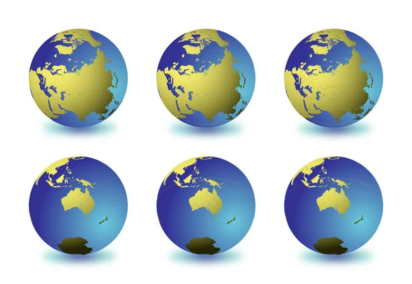 Set Earth Globes Focusing North Asia Top Row Australia Bottom — Stock Vector