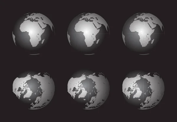 地球の地球のセットは アフリカ 上の列 と北極 下の列 に焦点を合わせます 慎重に層化され 簡単に編集のためにグループ化 背景を個別に編集または削除できます — ストックベクタ