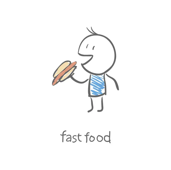 Omul mănâncă un hot dog — Vector de stoc