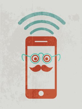 Gözlük takan cep telefonu. İnek konsepti.