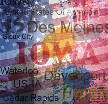 Iowa eyalet. arka plan üzerinde kelime grunge kolaj.