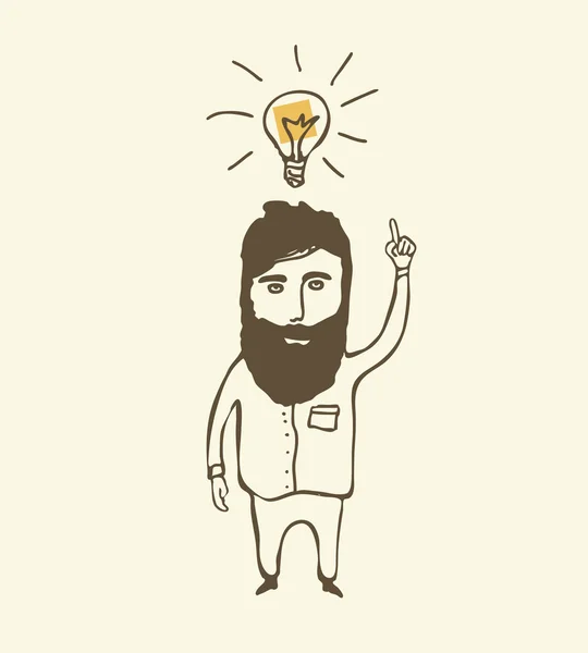 Homem barbudo pensando com lâmpada —  Vetores de Stock