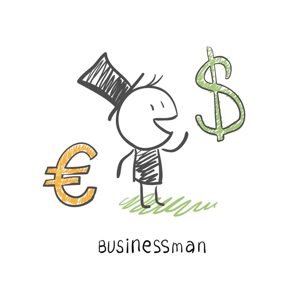 Businessman chooses between two currencies, the Euro and Dolar. — Stock Vector