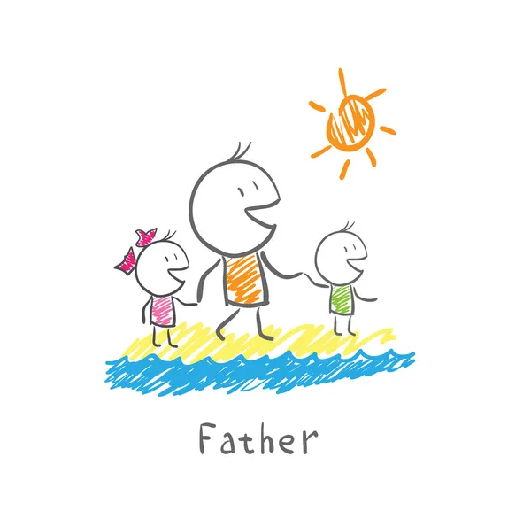 Father and children on the beach — Stock Vector