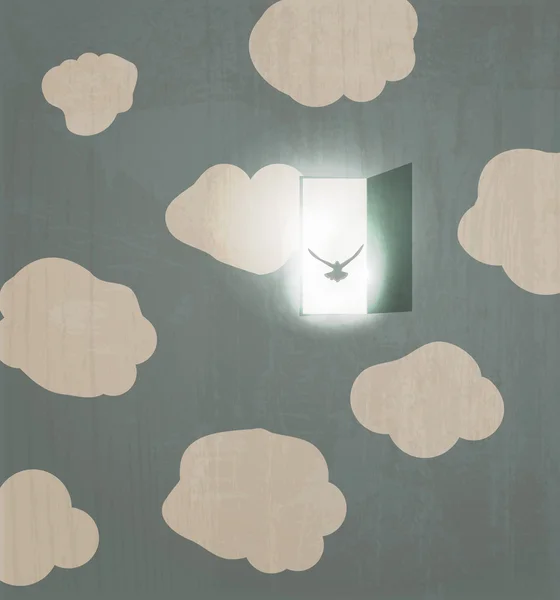 추상적인 개념 포스터입니다. 하늘에 있는 문을 통해 비둘기 파리. — 스톡 벡터