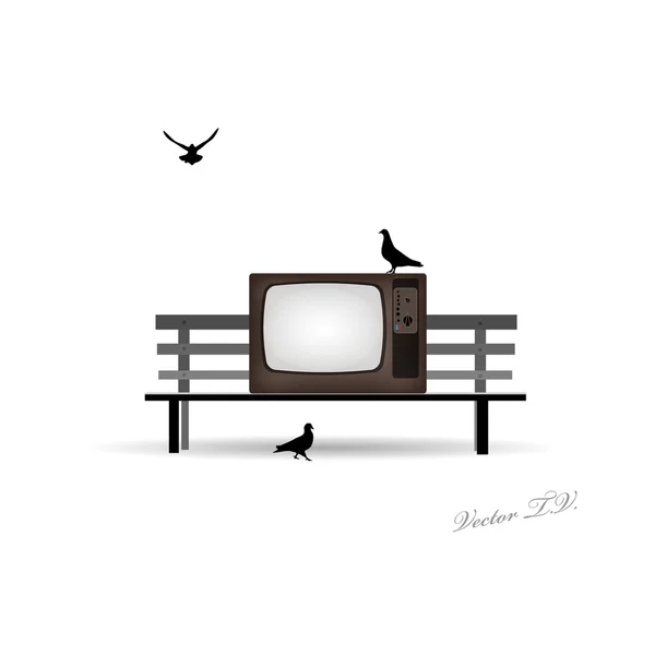 Retro TV en el banco y palomas — Archivo Imágenes Vectoriales
