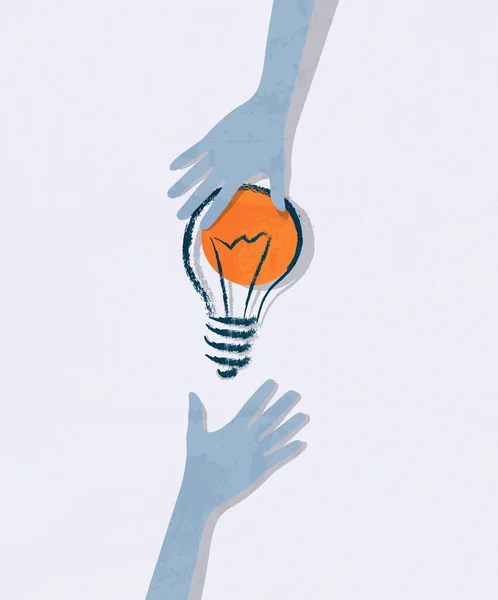 Ilustrație de bulb de idei. Transferul de idei de la mână la mână . — Vector de stoc