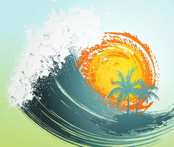 Fondo tropical con palma, olas y sol — Vector de stock