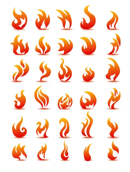 Fuego llamas en el vector de fondo blanco, establecer iconos — Archivo Imágenes Vectoriales