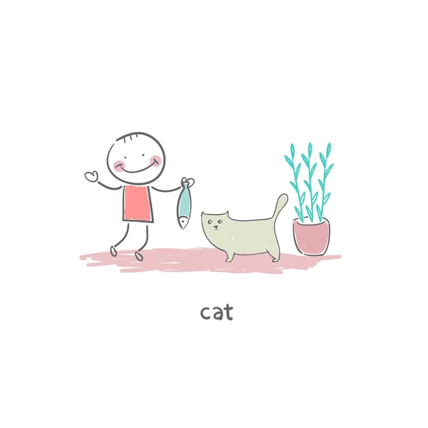 Άνθρωπος τρέφεται γάτα ψάρι. εικονογράφηση. — Διανυσματικό Αρχείο