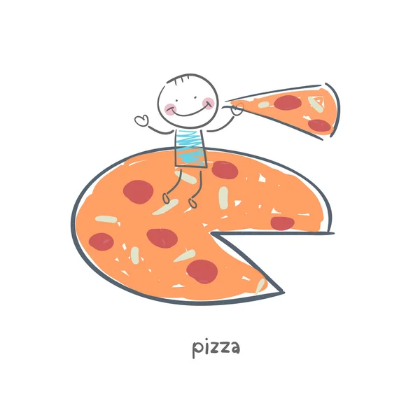 Man eats pizza. Illustration. — Stock Vector