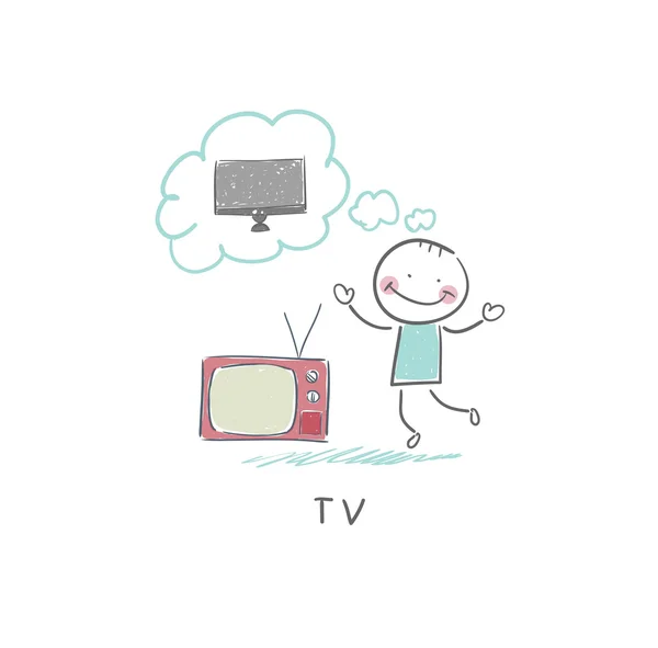 Hombre sueña con un nuevo televisor — Archivo Imágenes Vectoriales
