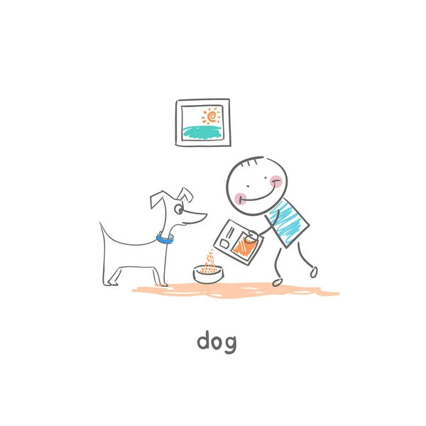 Um homem alimenta o cão. Ilustração . — Vetor de Stock