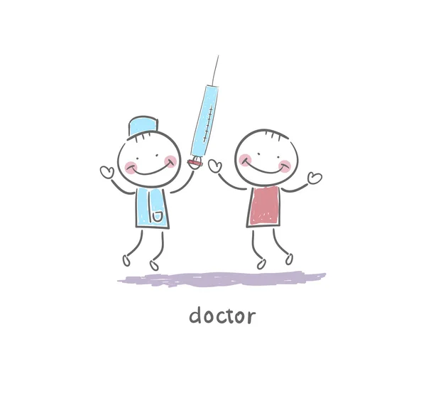 Doctor sosteniendo jeringa. Ilustración . — Vector de stock