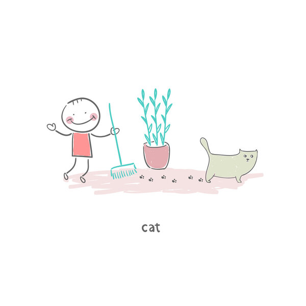 Man cleaning up after the cat. Illustration.